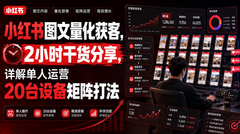 小红书图文量化获客，2小时干货分享，详解单人运营20台设备矩阵打法-荆楚AI
