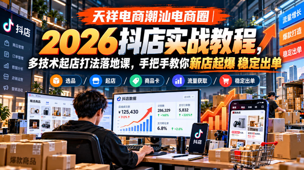天祥电商潮汕电商圈|2026抖店实战教程,多技术起店打法落地课,手把手教你新店起爆稳定出单-荆楚AI