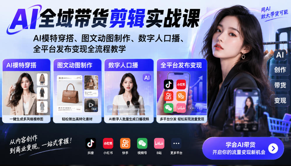 AI全域带货剪辑实战课|AI模特穿搭、图文动图制作、数字人口播、全平台发布变现全流程教学-荆楚AI