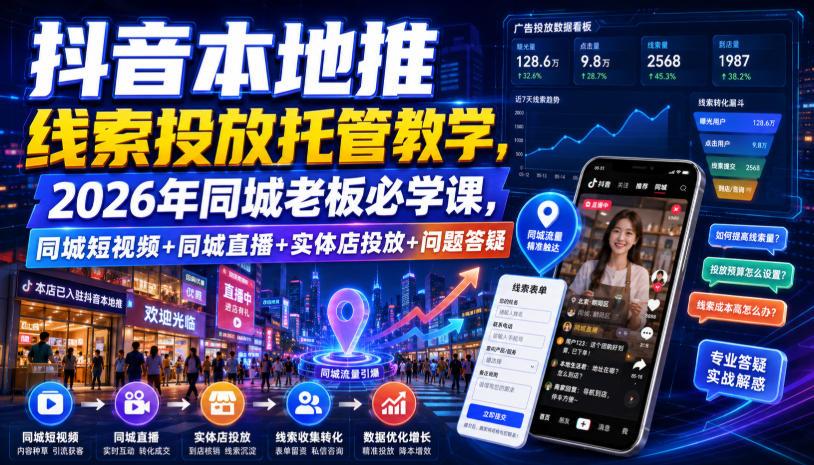抖音本地推线索投放托管教学，2026年同城老板必学课，同城短视频+同城直播+实体店投放+问题答疑-荆楚AI