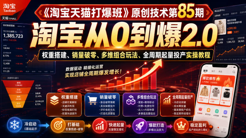 《淘宝天猫打爆班》原创技术第85期，淘宝从0到爆2.0，权重搭建、销量破零、多维组合玩法、全周期起量投产实操教程-荆楚AI