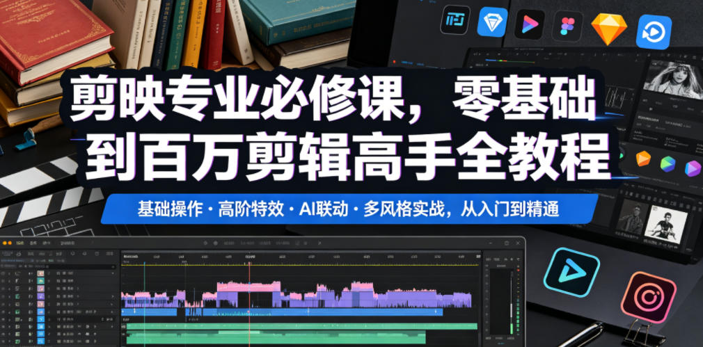 剪映专业必修课,零基础到百万剪辑高手全教程,基础操作・高阶特效・AI联动・多风格实战,从入门到精通-荆楚AI