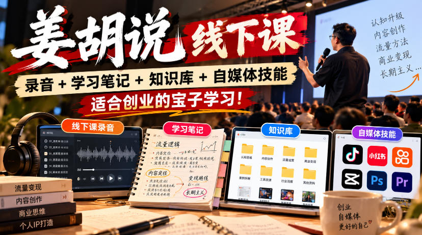 姜胡说线下课录音+学习笔记+知识库+自媒体技能,适合创业的宝子学习!-荆楚AI