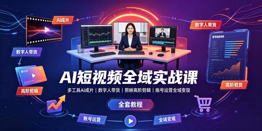 AI短视频全域实战课｜多工具AI成片、数字人带货、剪映高阶剪辑、账号运营全域变现全套教程-荆楚AI