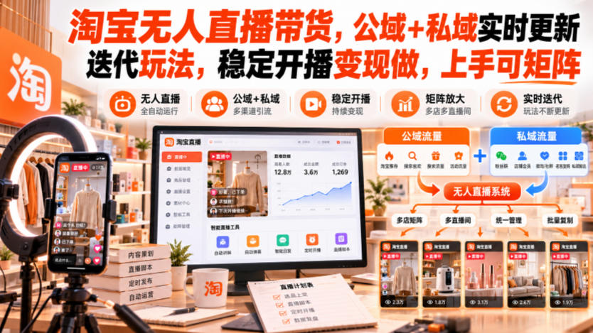 淘宝无人直播带货,公域+私域实时更新迭代玩法,稳定开播变现做,上手可矩阵【揭秘】-荆楚AI