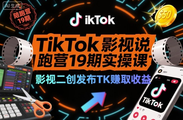 TikTok影视解说陪跑营19期实操课，影视二创发布TK賺取收益，万播收益50美金小淇云库-创业网-网赚副业-网创副业-项目拆解-技术类创业资源网-副业网-免费资源下载小淇云库