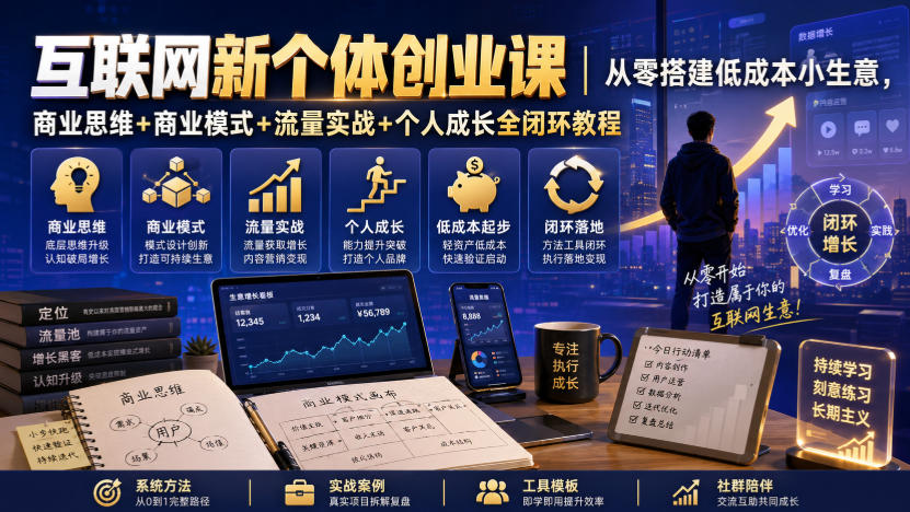 互联网新个体创业课｜从零搭建低成本小生意，商业思维+商业模式+流量实战+个人成长全闭环教程-荆楚AI