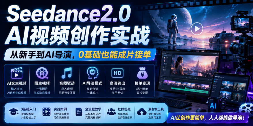 Seedance2.0 AI视频创作实战,从新手到AI导演,0基础也能成片接单变现-荆楚AI