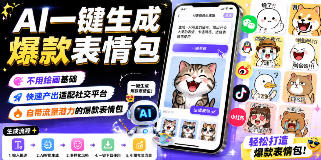 AI一键生成爆款表情包,不用绘画基础,快速产出适配社交平台,自带流量潜力的爆款表情包-荆楚AI