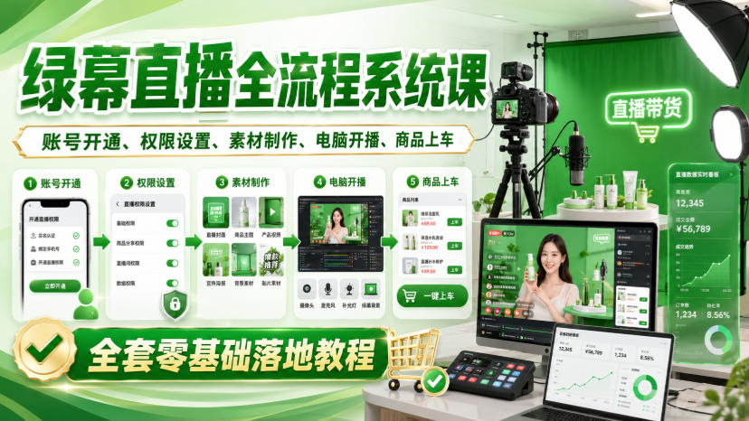 绿幕直播全流程系统课,账号开通、权限设置、素材制作、电脑开播、商品上车全套零基础落地教程-荆楚AI