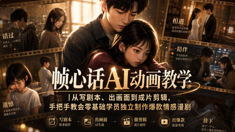 帧心话AI动画教学|从写剧本、出画面到成片剪辑,手把手教会零基础学员独立制作爆款情感漫剧-荆楚AI