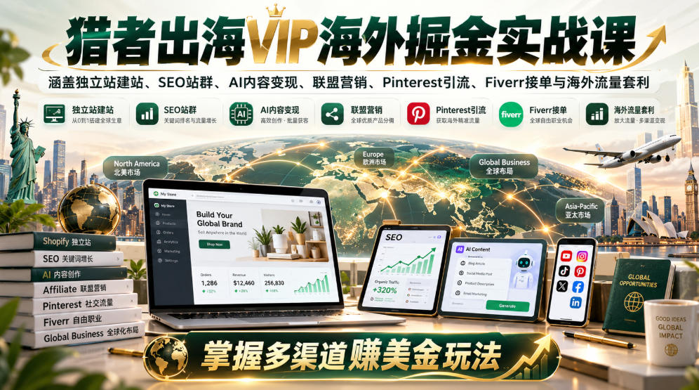 猎者出海VIP海外掘金实战课：涵盖独立站、SEO站群、AI变现、联盟营销、Pinterest引流、Fiverr接单与海外流量套利，掌握多渠道賺美金玩法-荆楚AI
