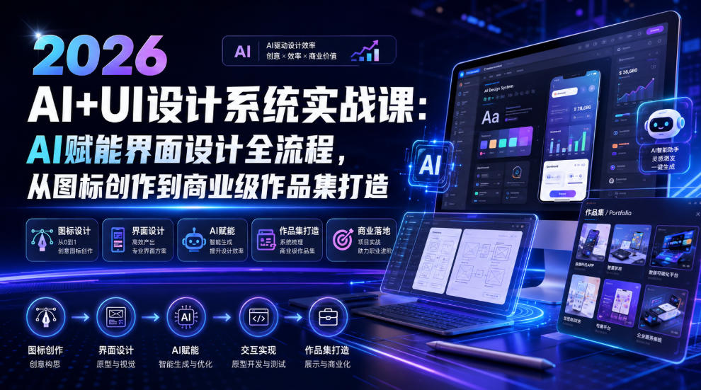 2026 AI+UI设计系统实战课：AI赋能界面设计全流程，从图标创作到商业级作品集打造-荆楚AI