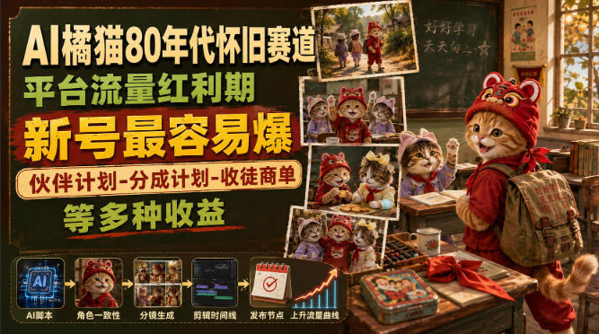 AI橘猫80年代怀旧赛道，平台流量红利期，新号最容易爆，伙伴计划-分成计划-收徒商单等多种收益-荆楚AI