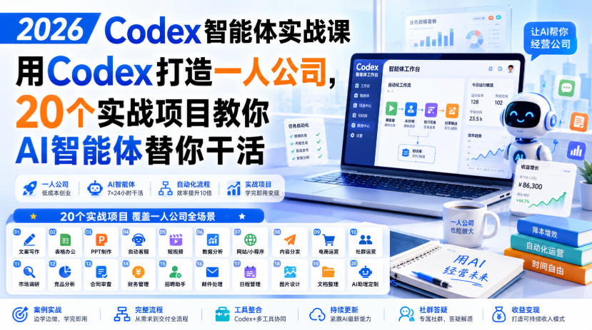 2026 Codex智能体实战课,用Codex打造一人公司,20个实战项目教你AI智能体替你干活-荆楚AI