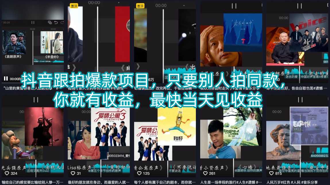 抖音跟拍爆款项目，只要别人拍同款，你就有收益，最快当天见收益-荆楚AI