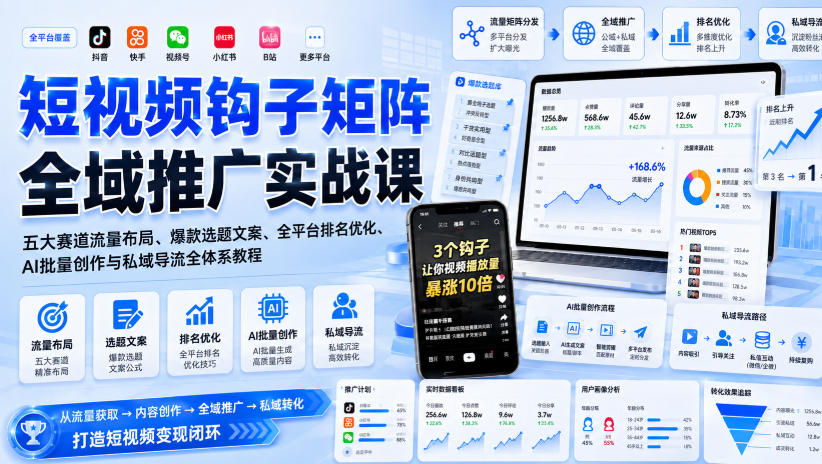 短视频钩子矩阵全域推广实战课｜五大赛道流量布局、爆款选题文案、全平台排名优化、AI批量创作与私域导流全体系教程-荆楚AI