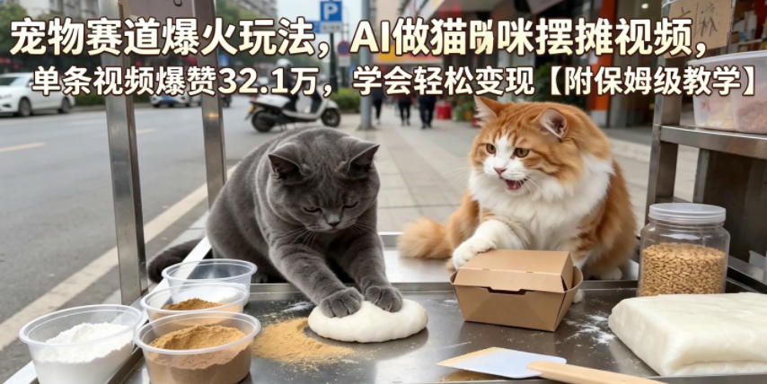 宠物赛道爆火玩法,AI做猫咪摆摊视频,单条视频爆赞32.1万,学会轻松变现【附保姆级教学】-荆楚AI
