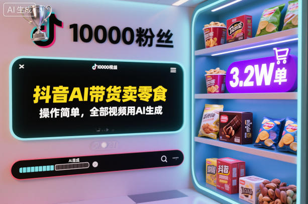 抖音AI带货卖零食，操作简单，全部视频用AI生成，一万粉丝，卖了3.2W单小淇云库-创业网-网赚副业-网创副业-项目拆解-技术类创业资源网-副业网-免费资源下载小淇云库