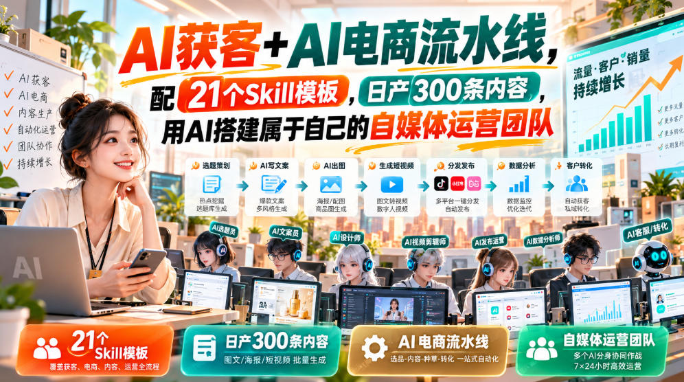 【无水印】AI获客+AI电商流水线，配21个Skill模板，日产300条内容，用AI搭建属于自己的自媒体运营团队（更新0930）-荆楚AI