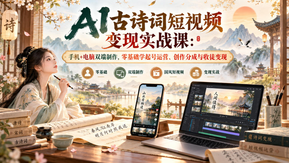 AI古诗词短视频变现实战课:手机+电脑双端制作,零基础学起号运营、创作分成与收徒变现-荆楚AI