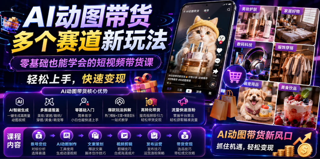 AI动图带货多个赛道新玩法，零基础也能学会的短视频带货课，轻松上手，快速变现-荆楚AI