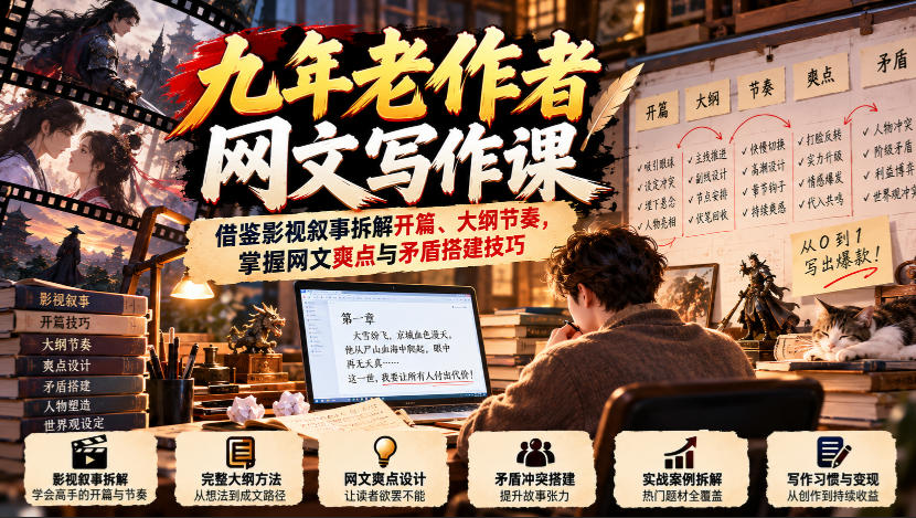 九年老作者网文写作课:借鉴影视叙事拆解开篇、大纲节奏,掌握网文爽点与矛盾搭建技巧-荆楚AI