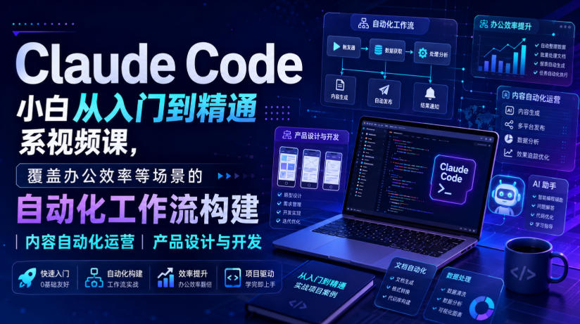 Claude Code小白从入门到精通系视频课,覆盖办公效率等场景的自动化工作流构建|内容自动化运营|产品设计与开发-荆楚AI