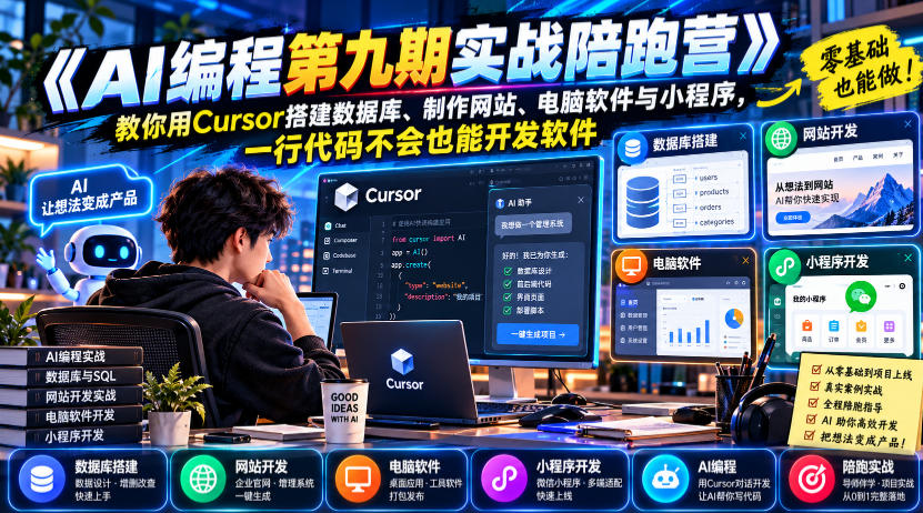 【无水印】《AI编程第九期实战陪跑营》教你用Cursor搭建数据库、制作网站、电脑软件与小程序,一行代码不会也能开发软件-荆楚AI