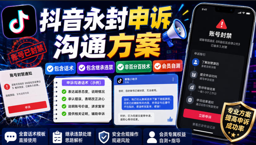 抖音永封申诉沟通方案,包含话术,包含继承违禁,非百分百技术,会员自测-荆楚AI