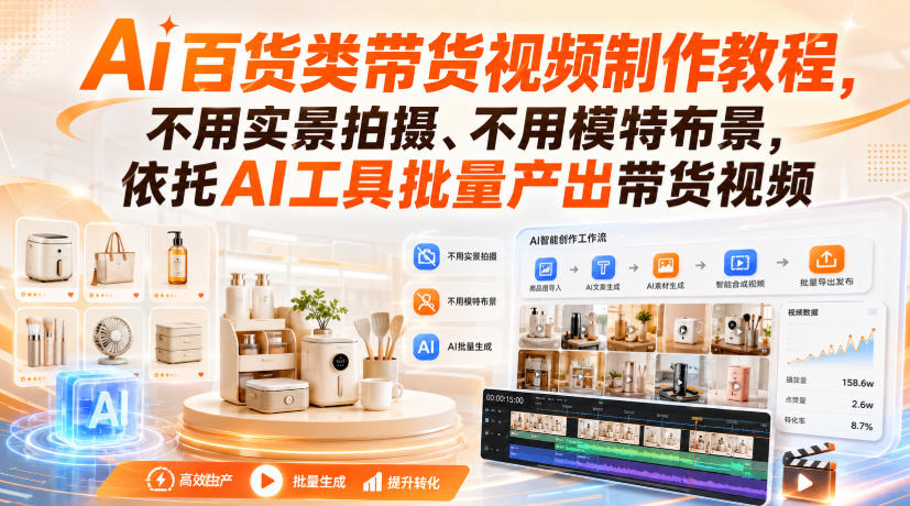 Ai百货类带货视频制作教程,不用实景拍摄、不用模特布景,依托AI工具批量产出带货视频-荆楚AI