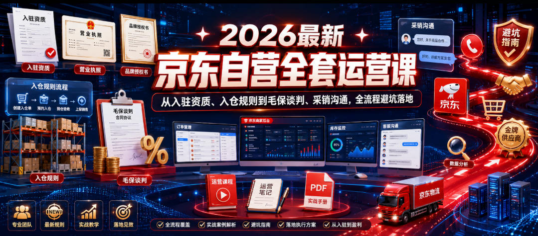 2026最新京东自营全套运营课,从入驻资质、入仓规则到毛保谈判、采销沟通,全流程避坑落地-荆楚AI