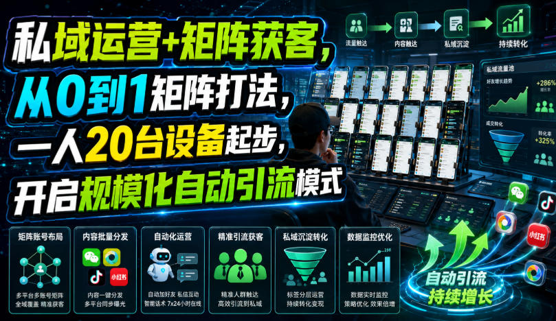 私域运营+矩阵获客,从0到1矩阵打法,一人20台设备起步,开启规模化自动引流模式!-荆楚AI