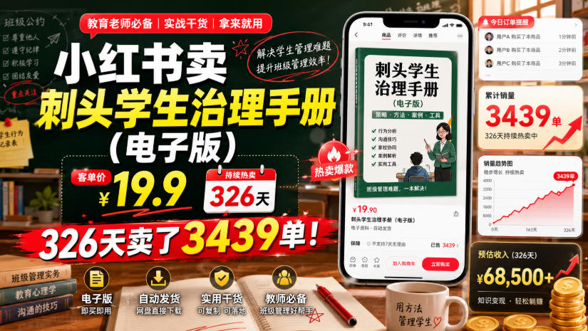 小红书卖刺头学生治理手册(电子版)，客单价19.9，326天卖了3439单！-荆楚AI