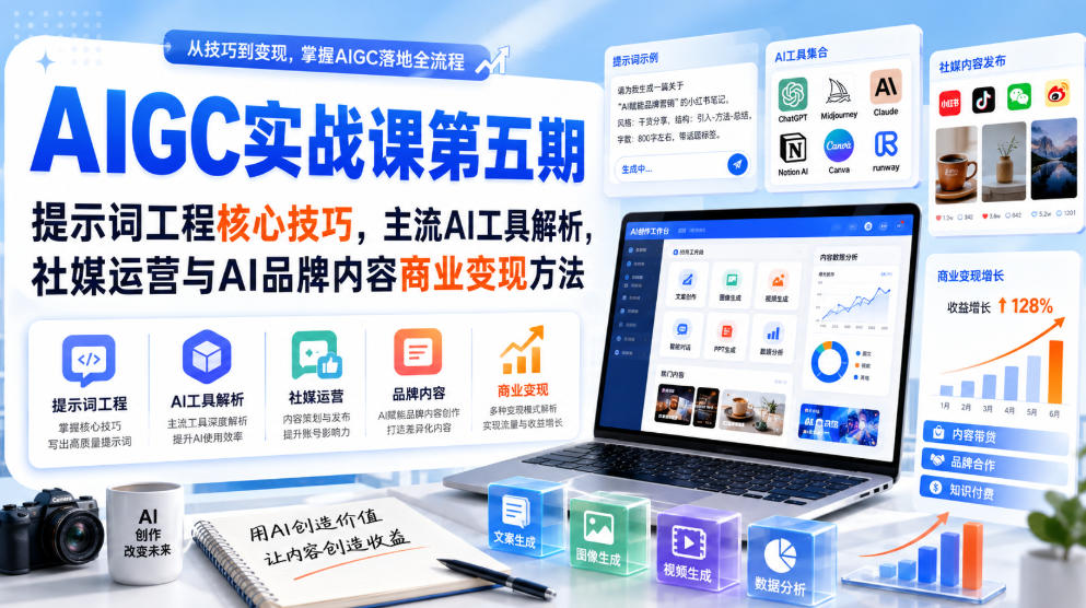 刺猬星球·AIGC实战课第五期,提示词工程核心技巧,主流AI工具解析,社媒运营与AI品牌内容商业变现方法-荆楚AI