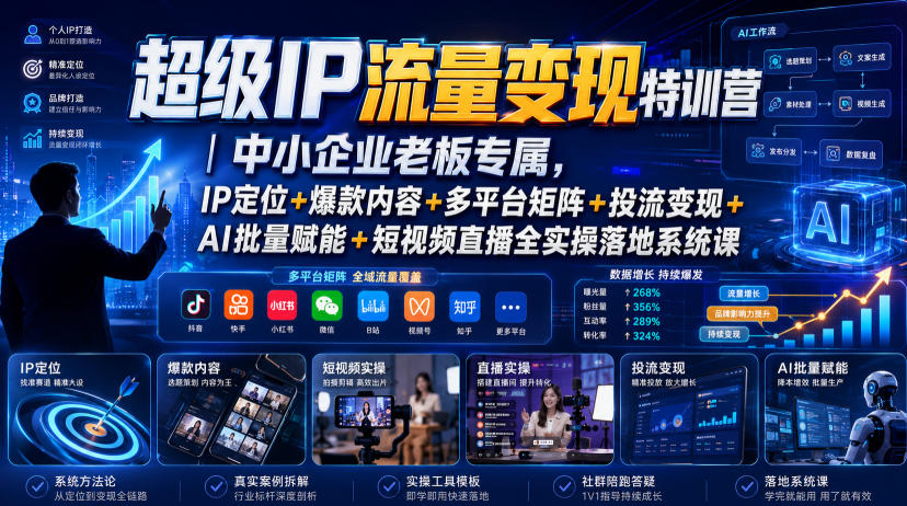 超级IP流量变现特训营｜中小企业老板专属，IP定位+爆款内容+多平台矩阵+投流变现+AI批量赋能+短视频直播全实操落地系统课-荆楚AI