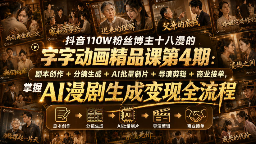 抖音110W粉丝博主十八漫的字字动画精品课第4期:剧本创作+分镜生成+剪辑+商业接单,掌握AI漫剧生成变现全流程-荆楚AI