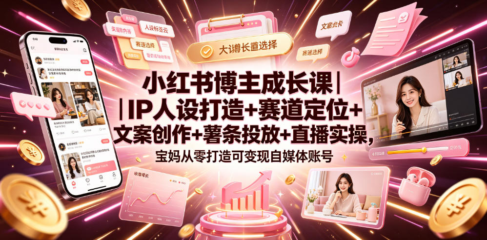 小红书博主成长课｜IP人设打造+赛道定位+文案创作+薯条投放+直播实操，宝妈从零打造可变现自媒体账号-荆楚AI