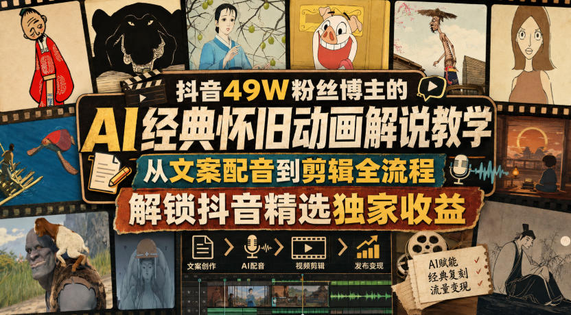 抖音49W粉丝博主的AI经典怀旧动画解说教学，从文案配音到剪辑全流程，解锁抖音精选独家收益-荆楚AI