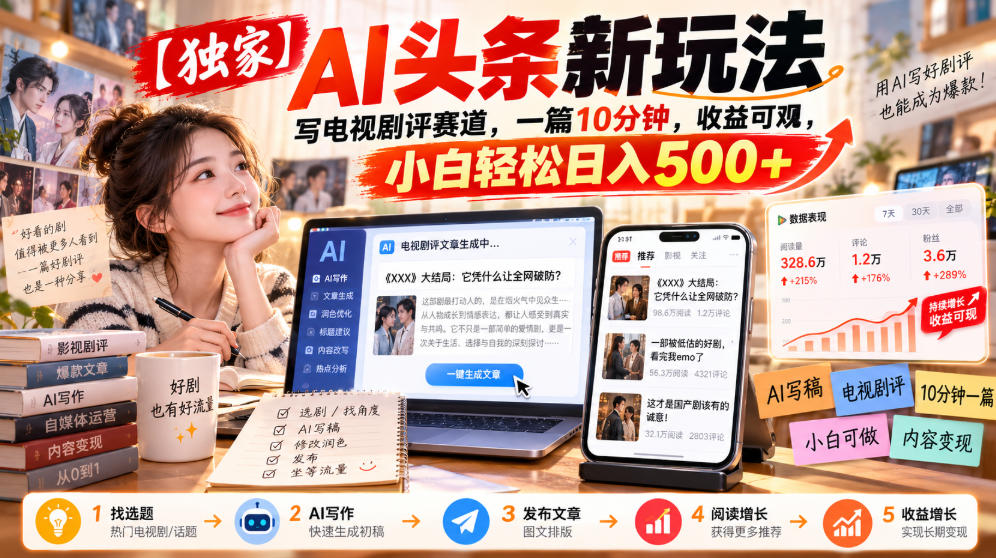 【独家】AI头条新玩法，写电视剧评赛道，一篇10分钟，收益可观，小白轻松日入500+-荆楚AI