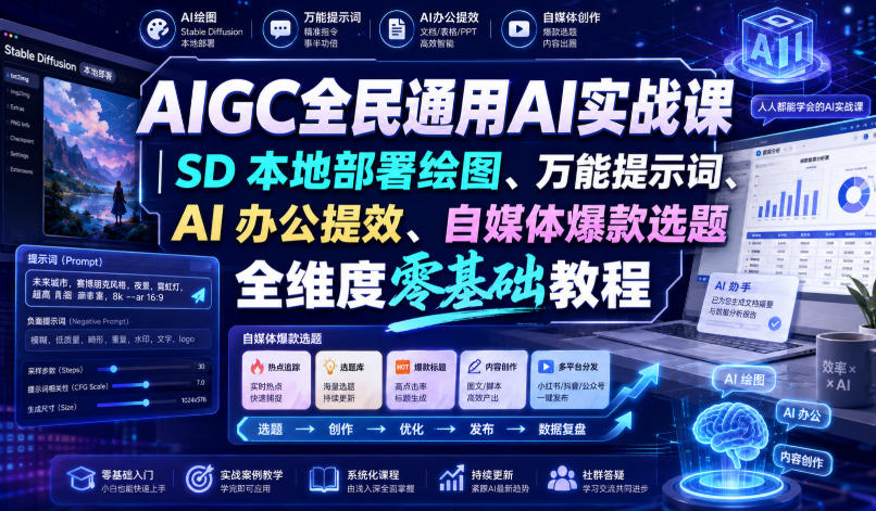 AIGC全民通用AI实战课|SD本地部署绘图、万能提示词、AI办公提效、自媒体爆款选题全维度零基础教程-荆楚AI