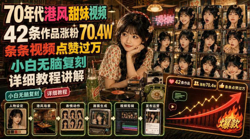 70年代港风甜妹视频，42条作品涨粉70.4W，条条视频点赞过万，小白无脑复刻，详细教程讲解-荆楚AI