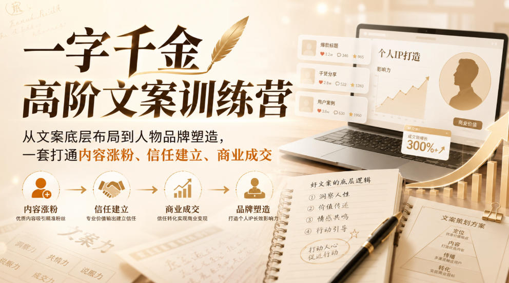 一字千金高阶文案训练营,从文案底层布局到人物品牌塑造,一套打通内容涨粉、信任建立、商业成交-荆楚AI