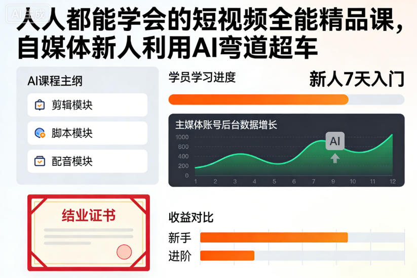 人人都能学会的短视频全能精品课，自媒体新人利用AI弯道超车小淇云库-创业网-网赚副业-网创副业-项目拆解-技术类创业资源网-副业网-免费资源下载小淇云库