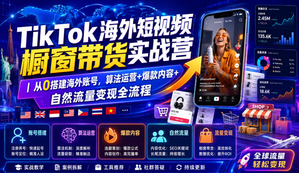 TikTok海外短视频橱窗带货实战营｜从0搭建海外账号，算法运营+爆款内容+自然流量变现全流程-荆楚AI