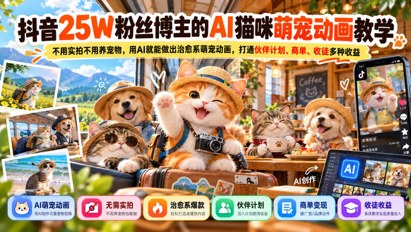 抖音25W粉丝博主的AI猫咪萌宠动画教学,不用实拍不用养宠物,用AI就能做出治愈系萌宠动画,打通伙伴计划、商单、收徒多种收益-荆楚AI