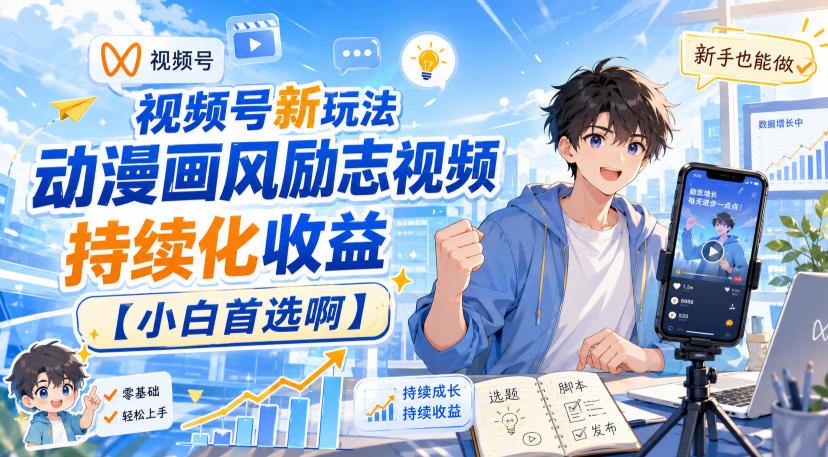 视频号新玩法动漫画风励志视频，持续化收益【小白首选啊】-荆楚AI