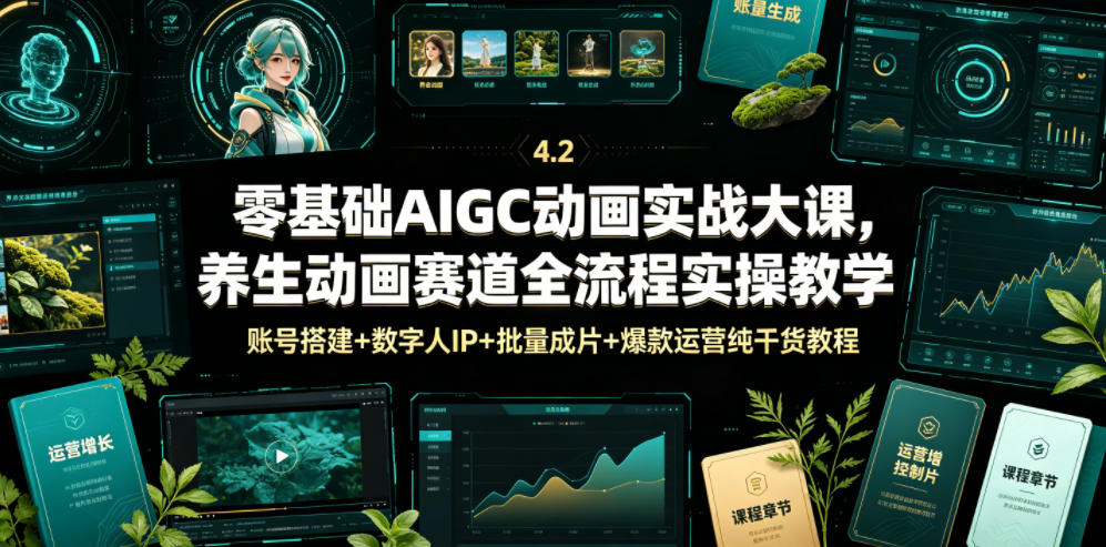零基础AIGC动画实战大课，养生动画赛道全流程实操教学，账号搭建+数字人IP+批量成片+爆款运营纯干货教程-荆楚AI