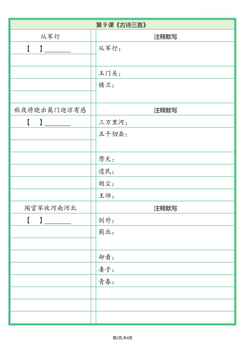 五年级下语文必背内容默写单(填空版)-荆楚AI