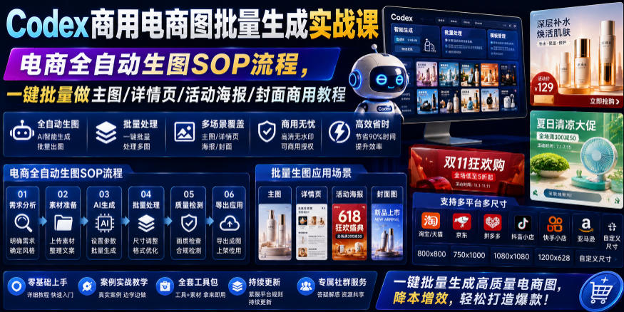 Codex商用电商图批量生成实战课|电商全自动生图SOP流程,一键批量做主图/详情页/活动海报/封面商用教程-荆楚AI